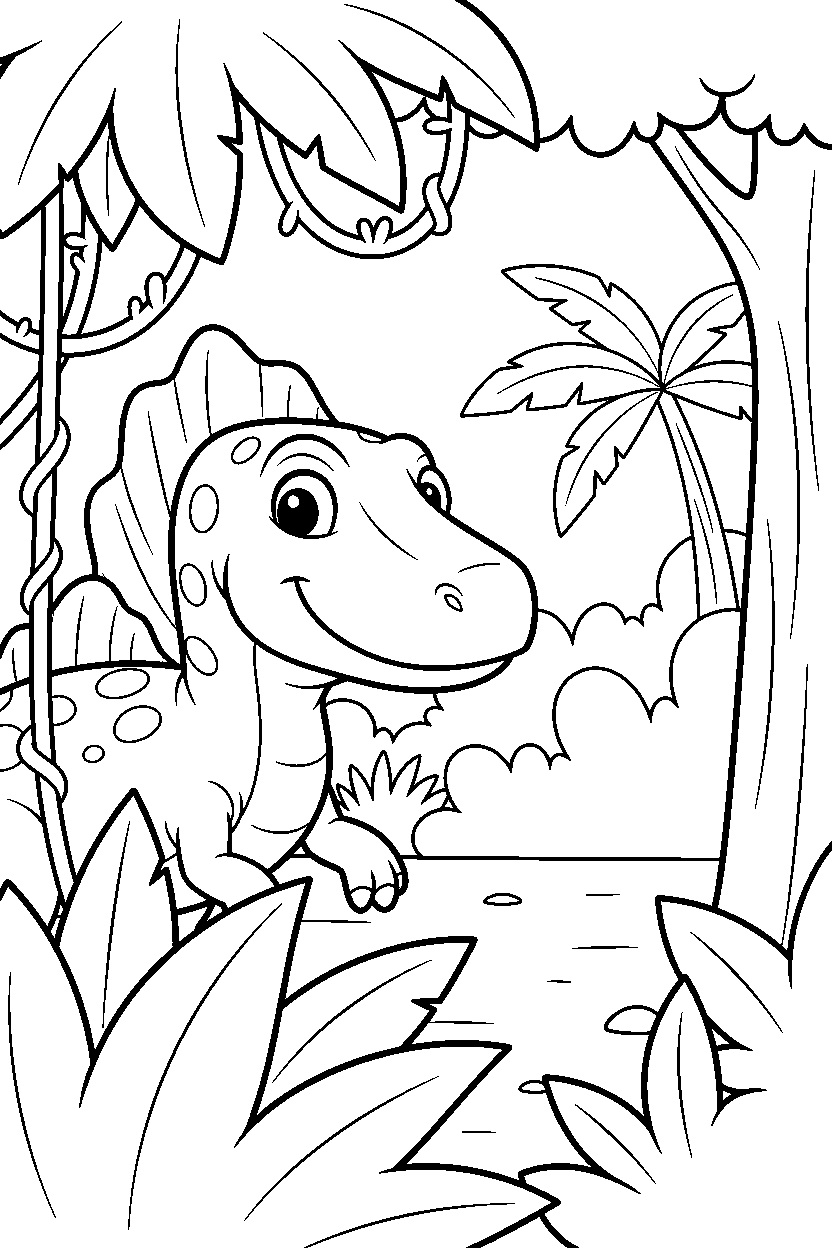 spinosaurus dinosaur hiding playfully near a jungle clearing line art