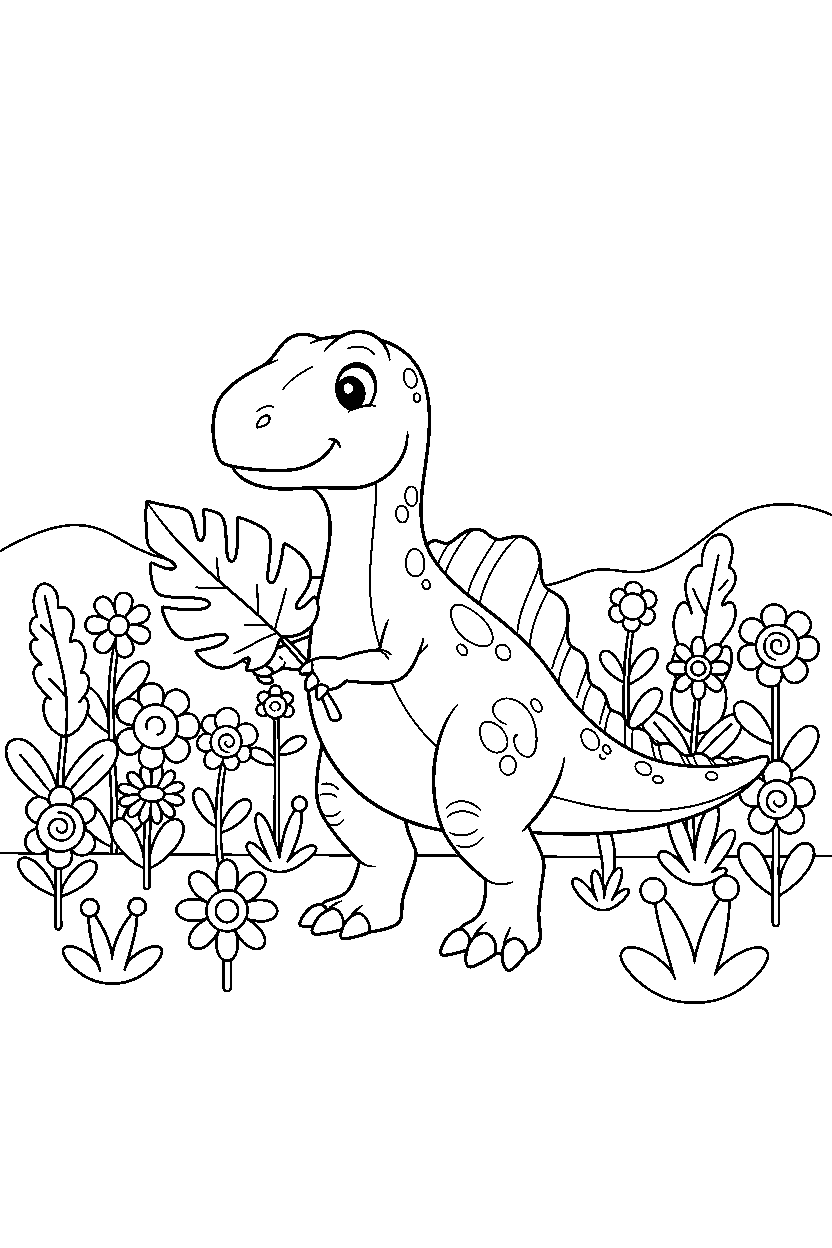 spinosaurus dinosaur holding a leaf in a flower field line art