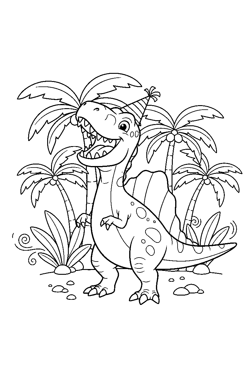 spinosaurus dinosaur laughing playfully in a palm grove line art