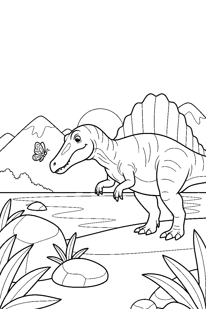 spinosaurus dinosaur looking at a butterfly near a mountain lake line art