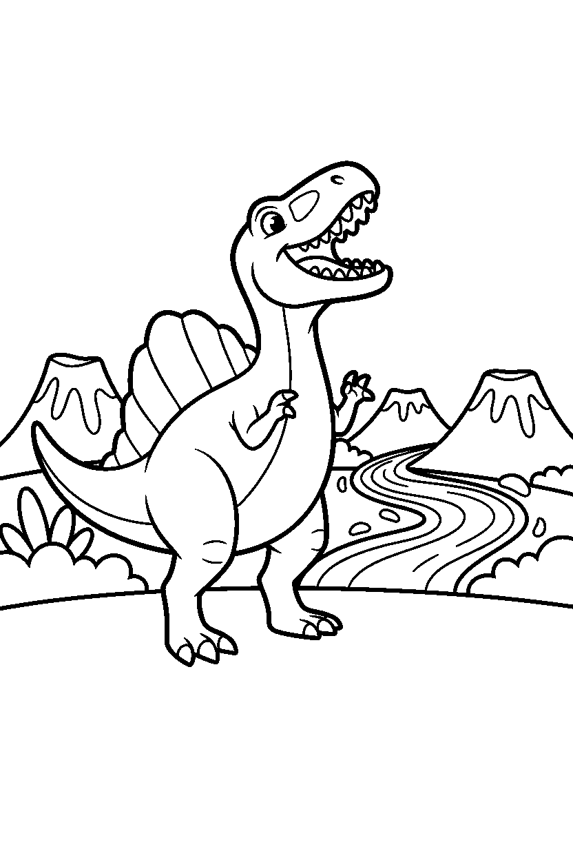 spinosaurus dinosaur roaring happily near a lava stream line art