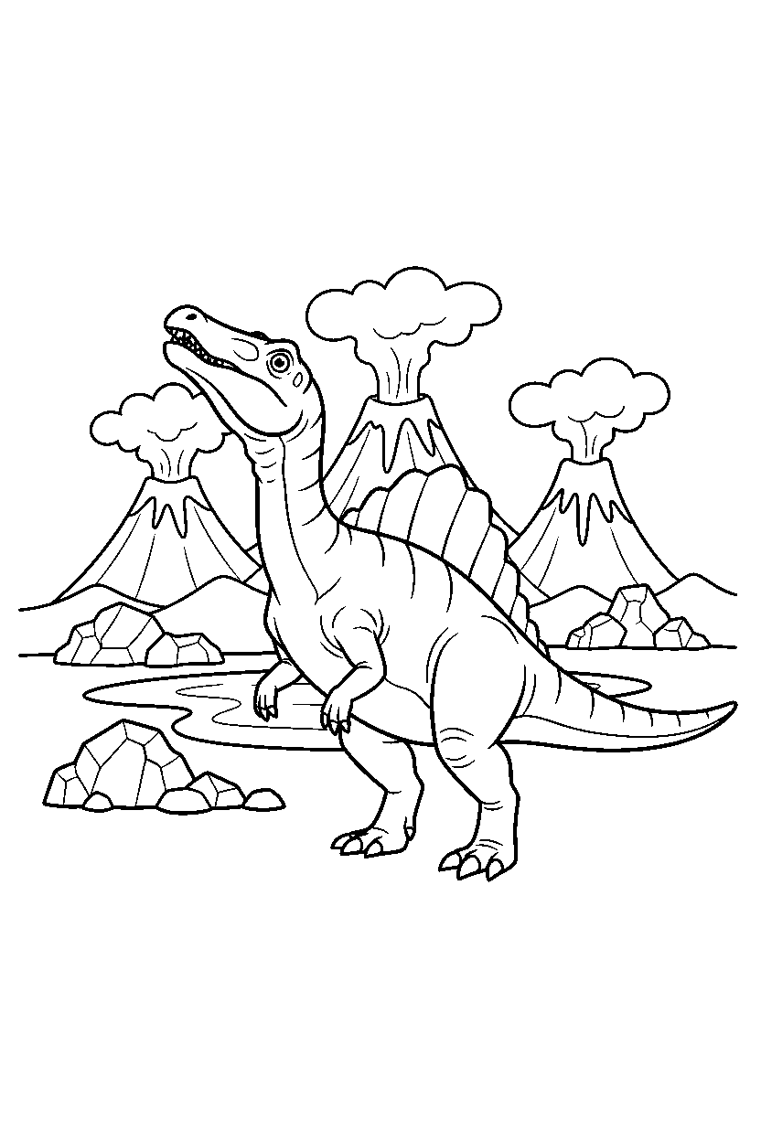 spinosaurus dinosaur sniffing the air near a volcanic field line art