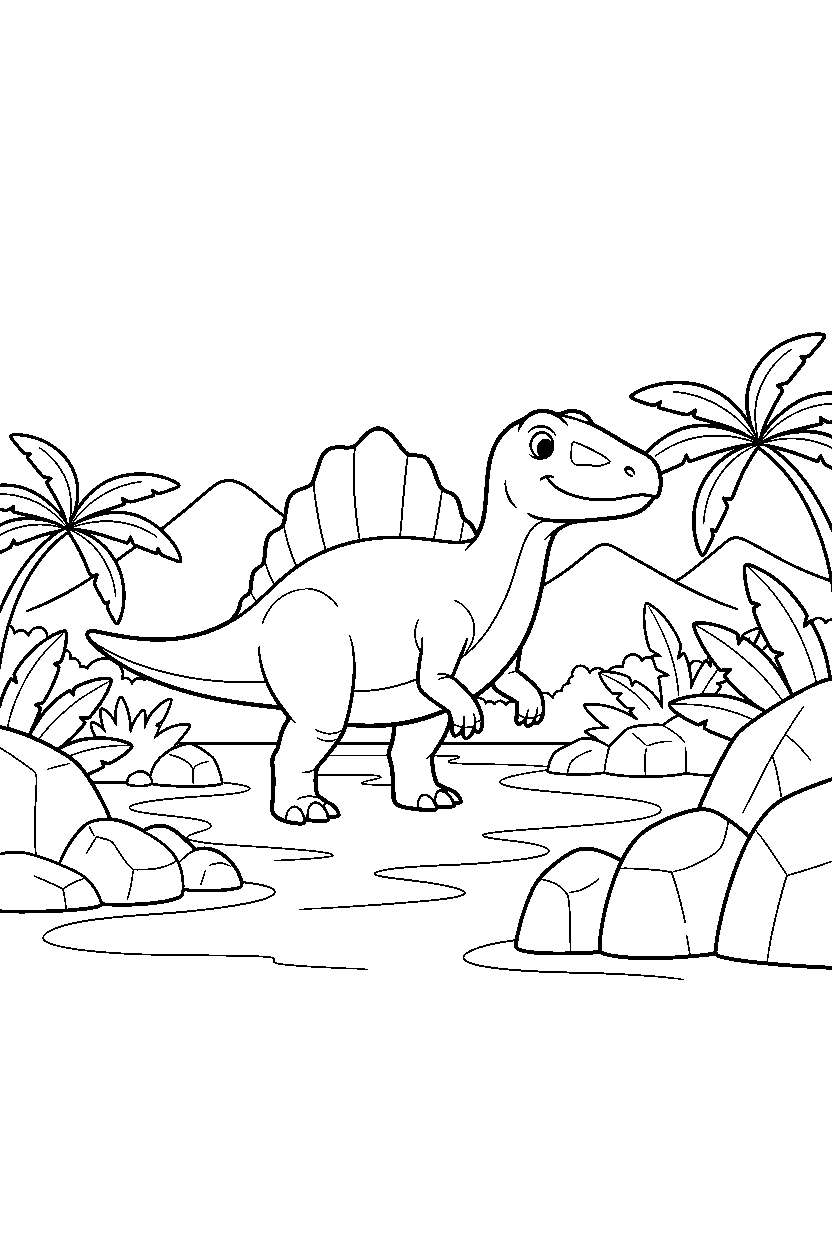 spinosaurus dinosaur standing calmly beside a jungle river line art