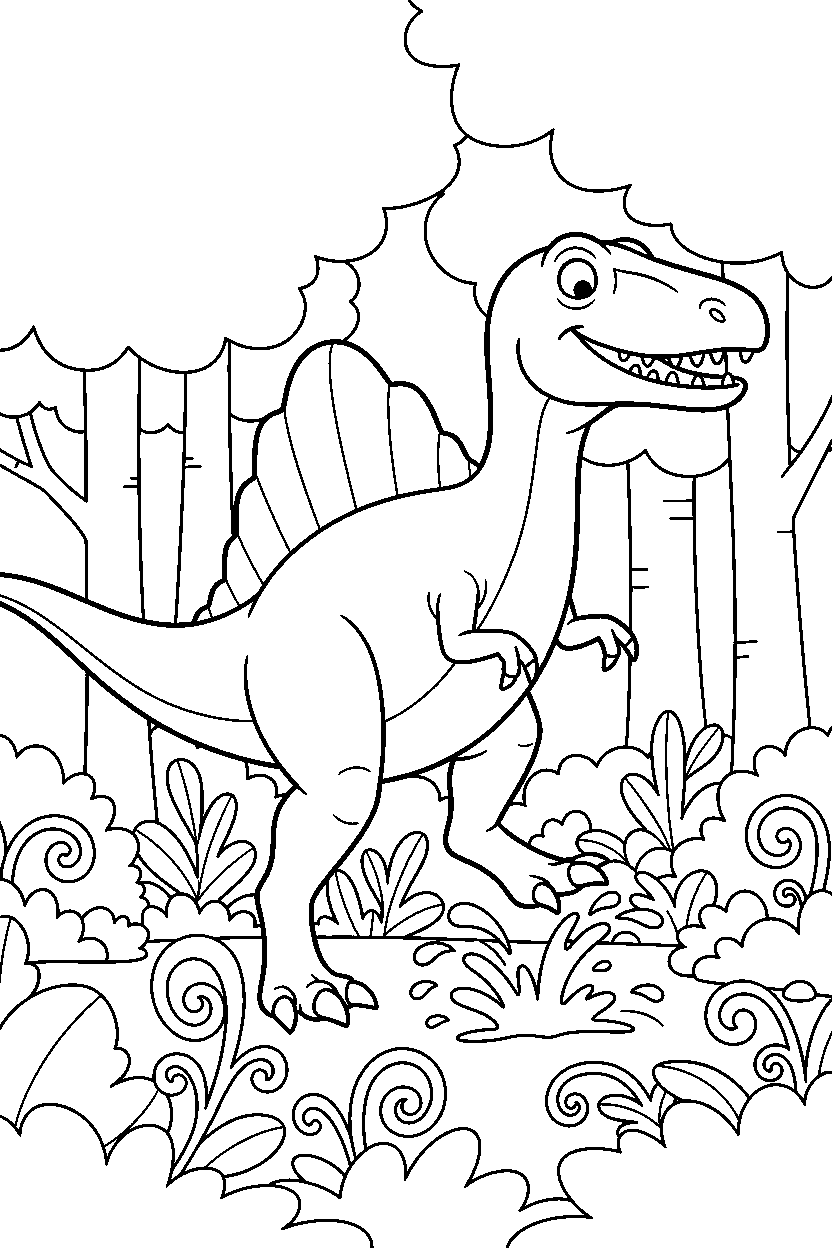 spinosaurus dinosaur stomping playfully in a fern forest line art