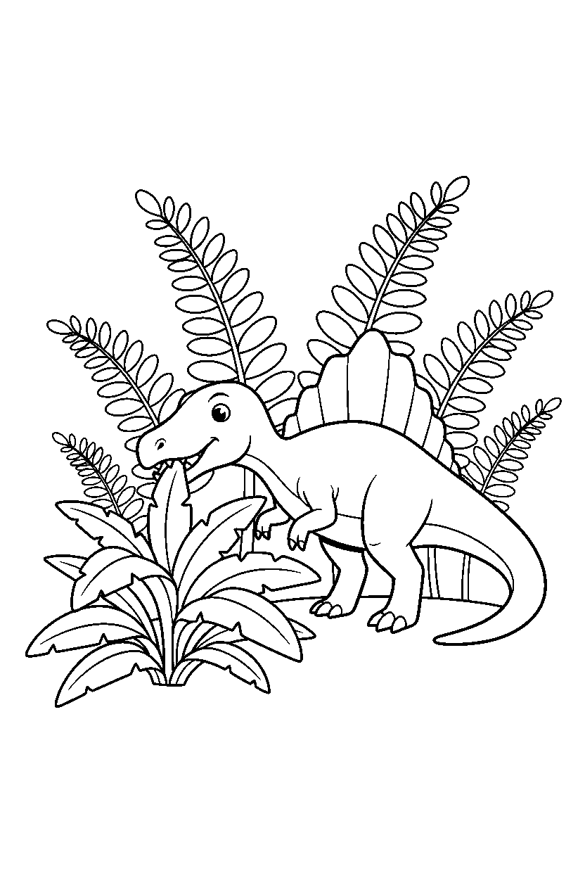 spinosaurus eating a plant in a fern forest line art