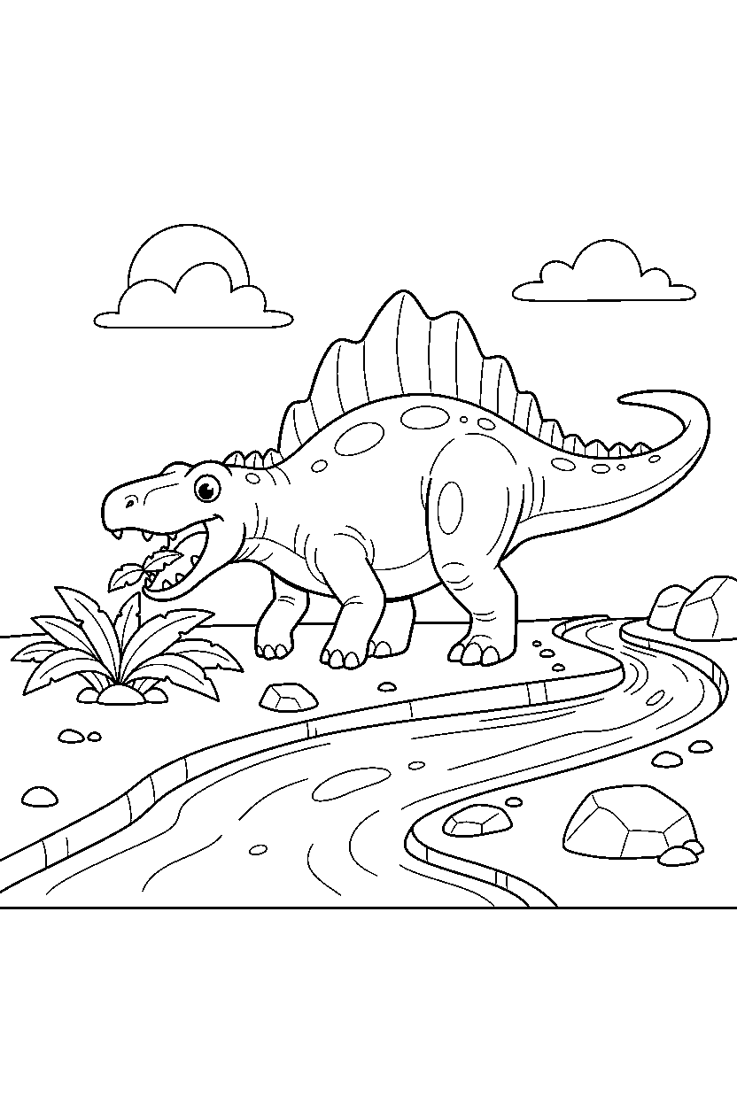 spinosaurus eating a plant near a lava stream line art