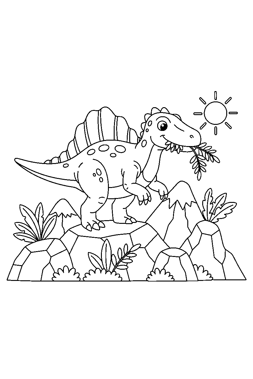 spinosaurus eating a plant on a rocky mountain line art