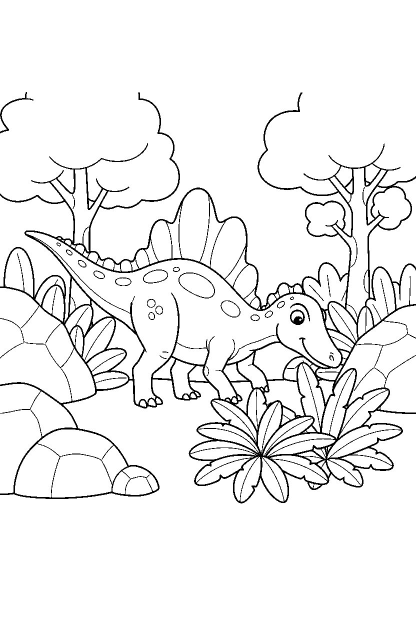 spinosaurus exploring curiously in a lush valley line art