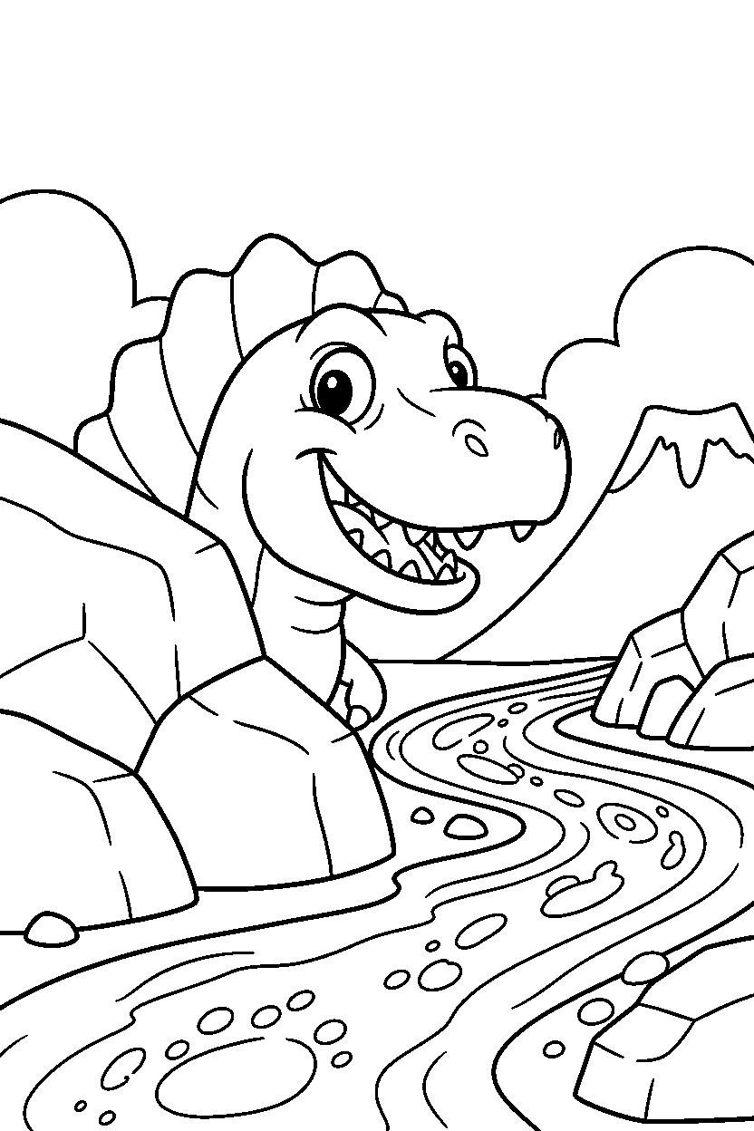 spinosaurus hiding playfully near a lava stream line art