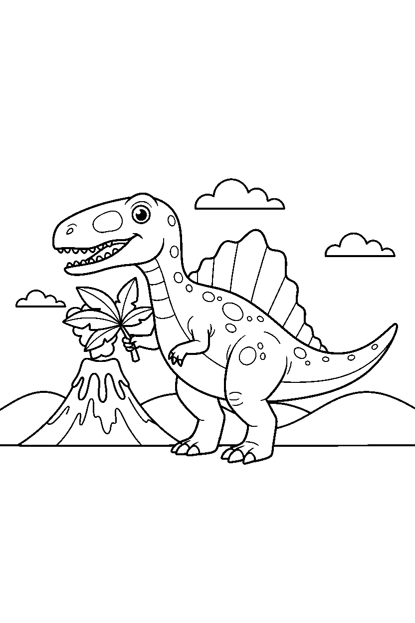 spinosaurus holding a leaf near a volcano line art