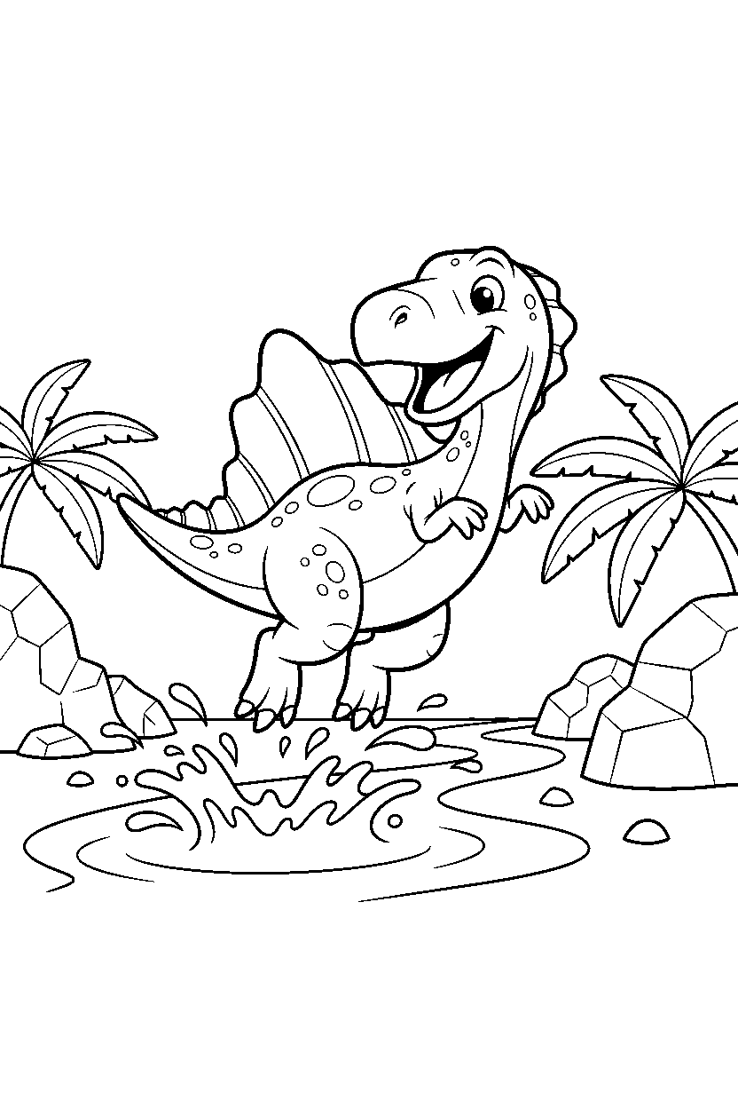 spinosaurus jumping playfully beside a shallow stream line art