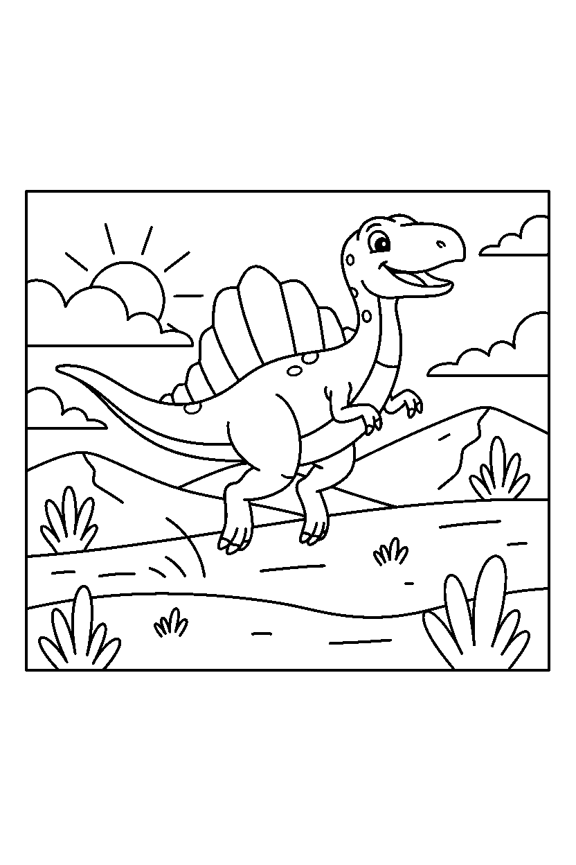 spinosaurus jumping playfully on a wide grassland line art