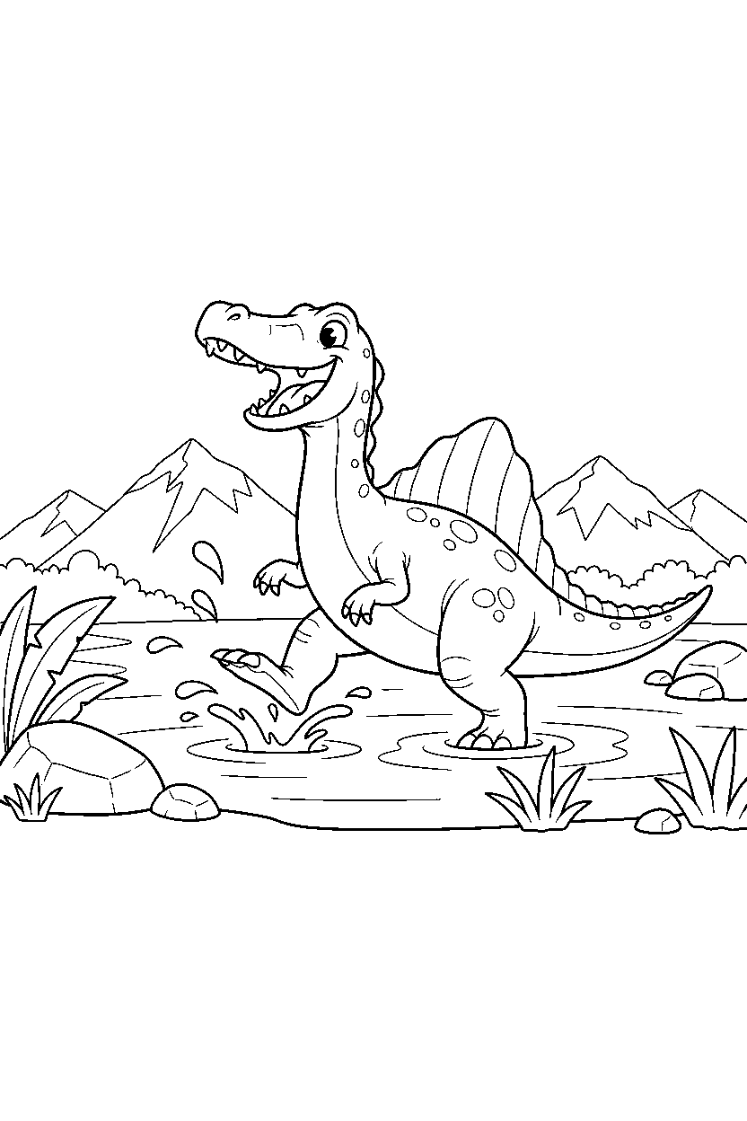 spinosaurus playing happily near a mountain lake line art