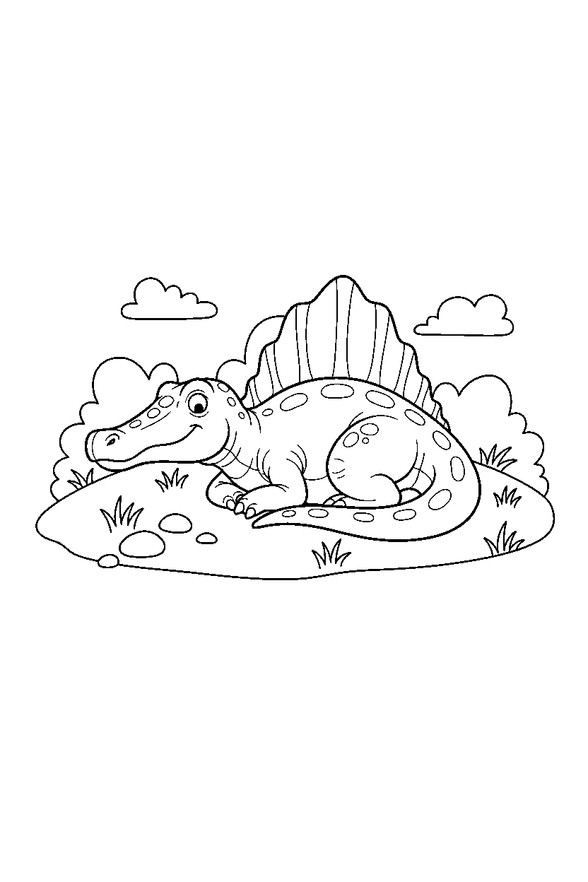 spinosaurus resting calmly near a grassy hill line art