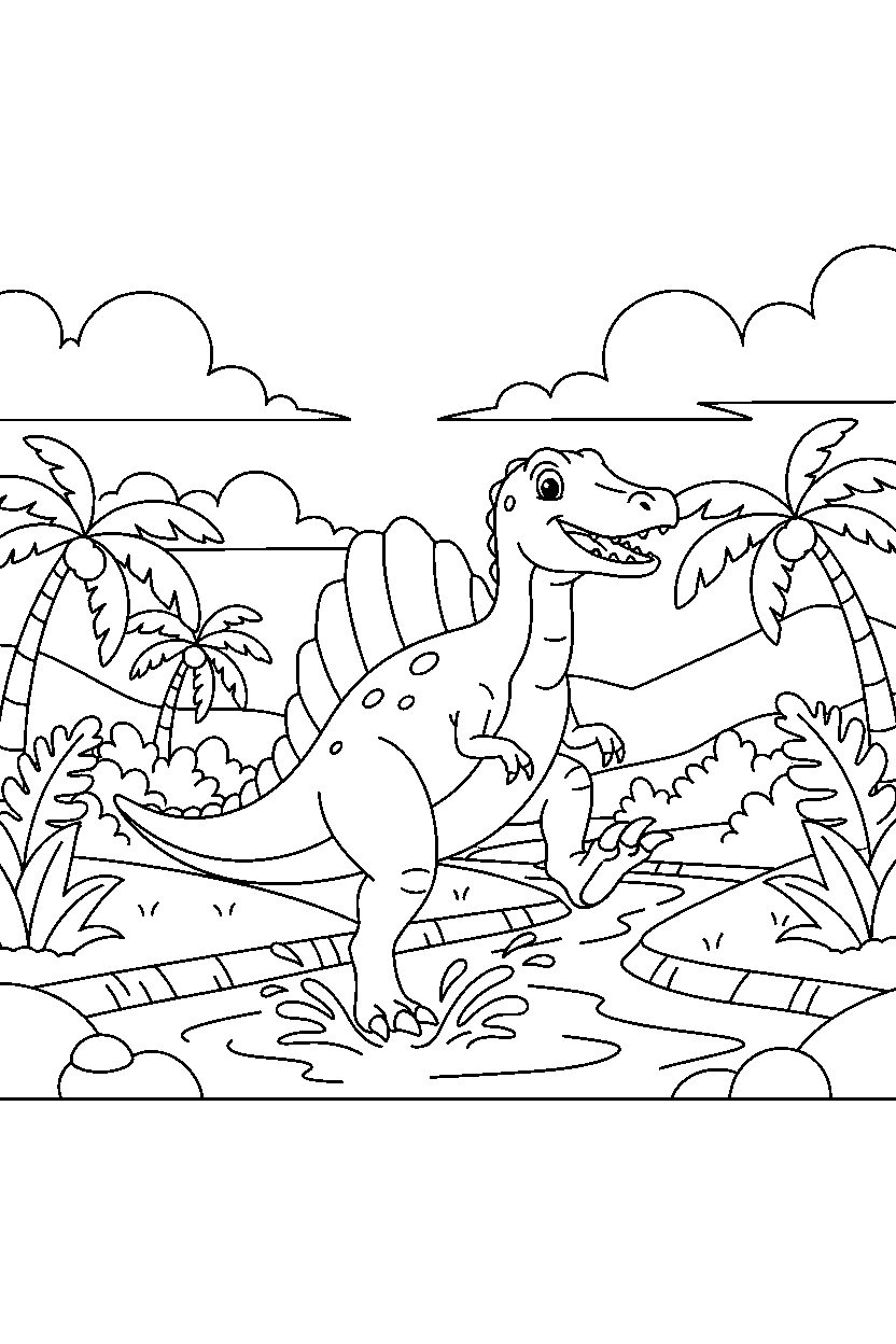 spinosaurus stomping playfully in a lush valley line art