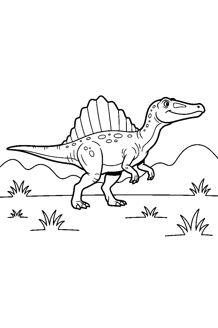 spinosaurus walking proudly on a wide grassland line art