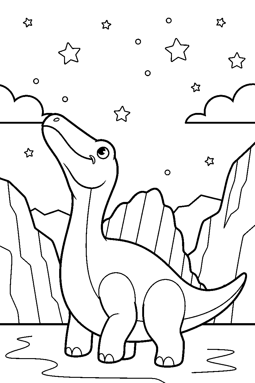 spinosaurus watching the sky near a rocky canyon line art