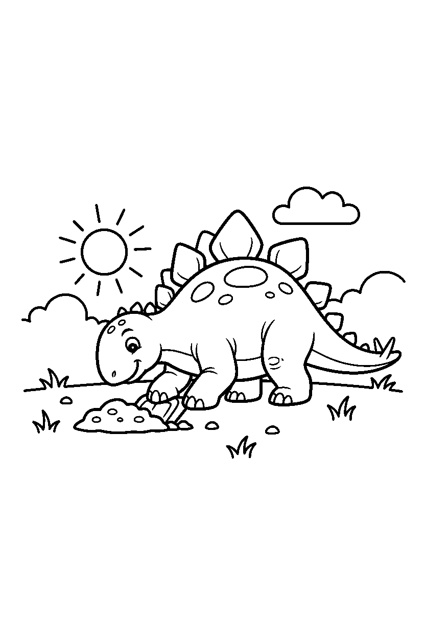 stegosaurus digging the ground on a grassy plain line art