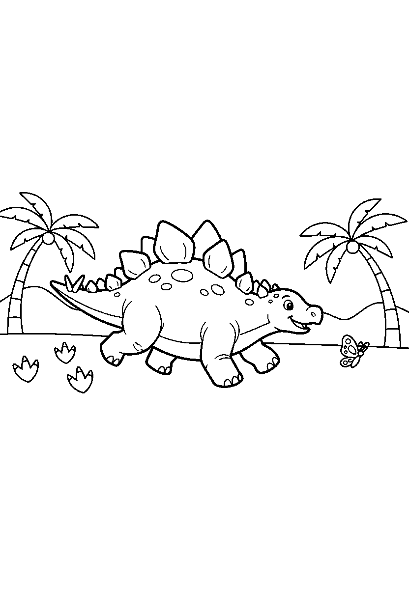 stegosaurus dinosaur chasing a butterfly near dinosaur footprints line art