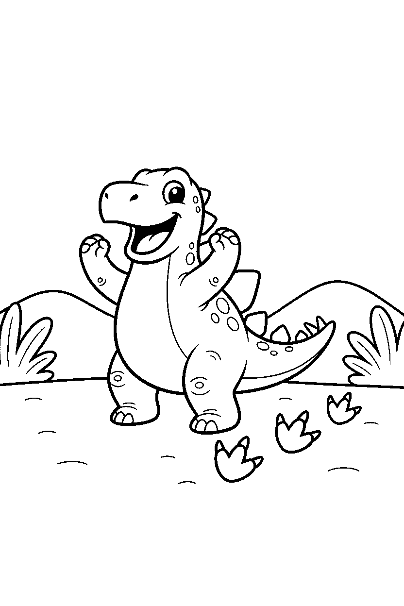 stegosaurus dinosaur cheering happily near dinosaur footprints line art
