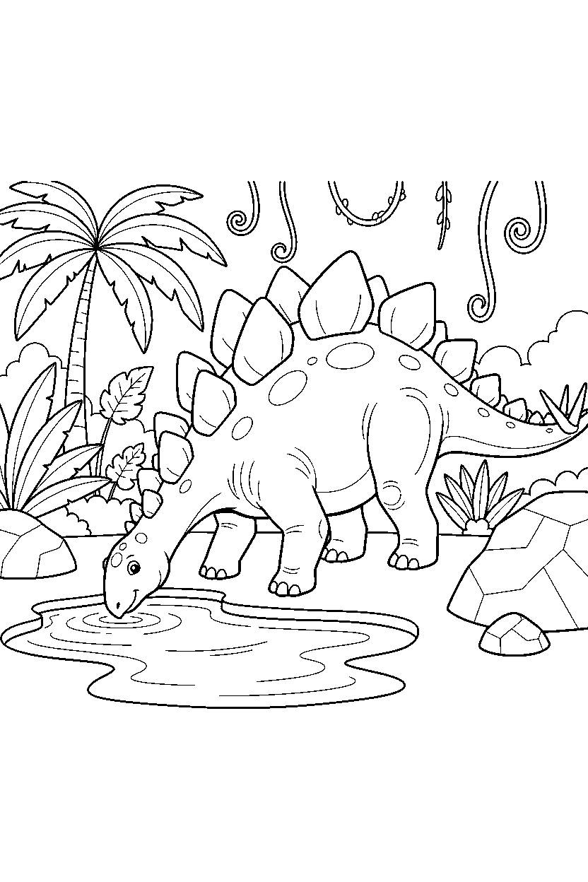 stegosaurus dinosaur drinking water in a rainforest line art