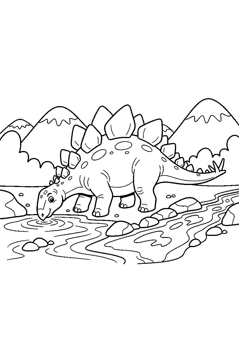 stegosaurus dinosaur drinking water near a lava stream line art