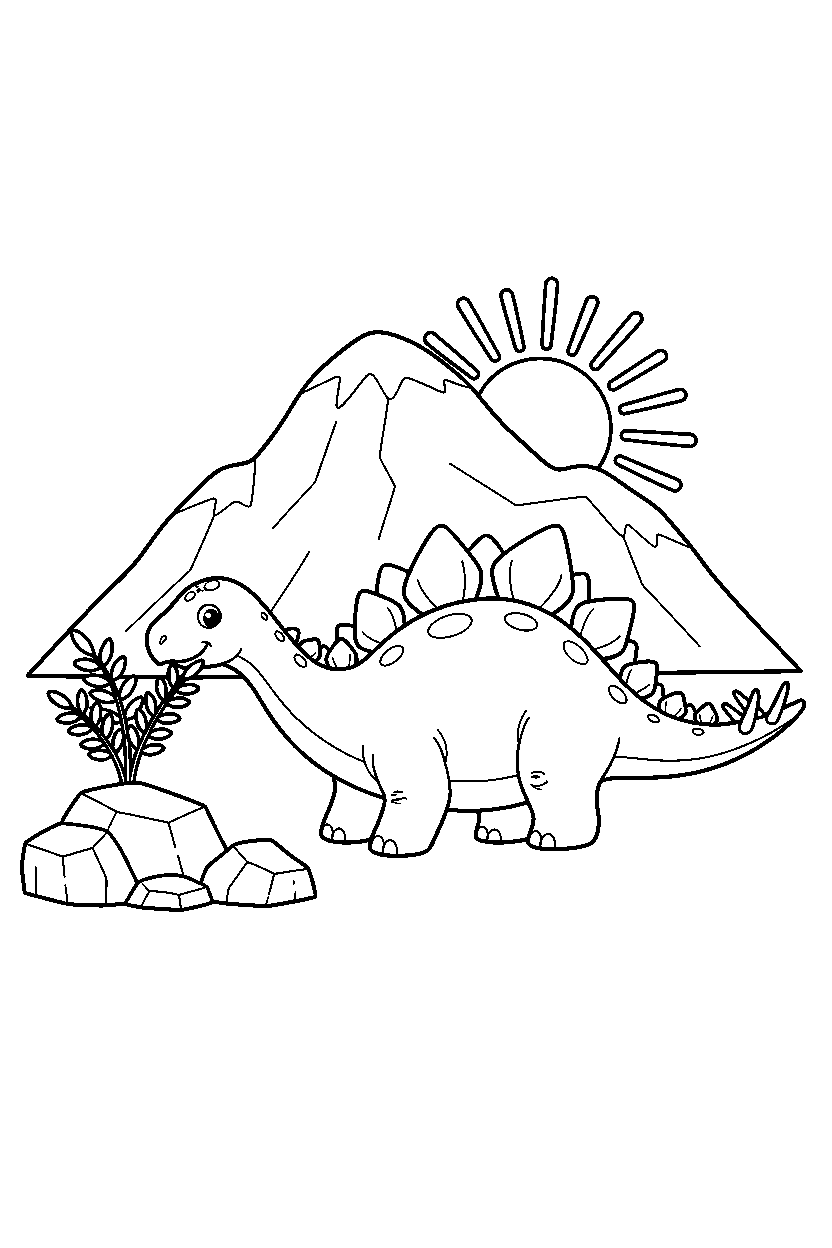 stegosaurus dinosaur eating a plant on a rocky mountain line art
