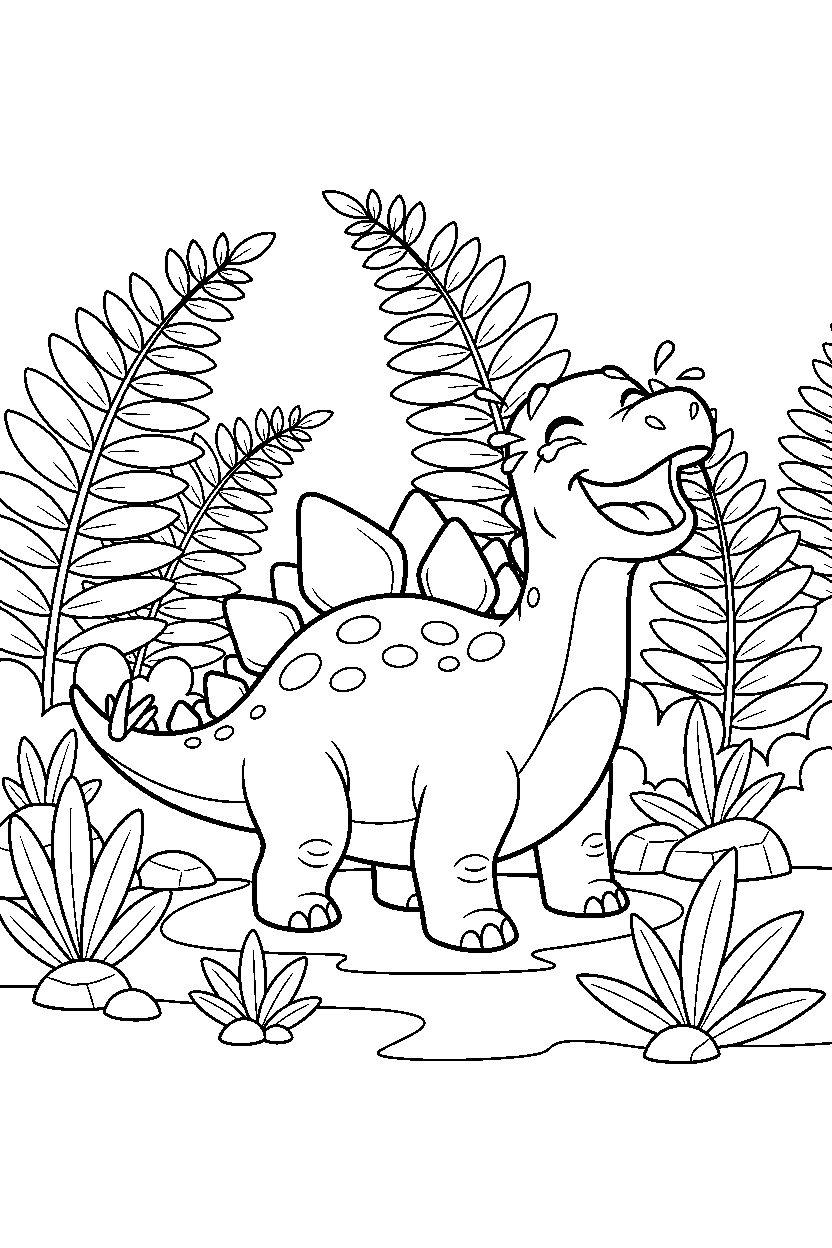 stegosaurus dinosaur laughing playfully inside a fern valley line art