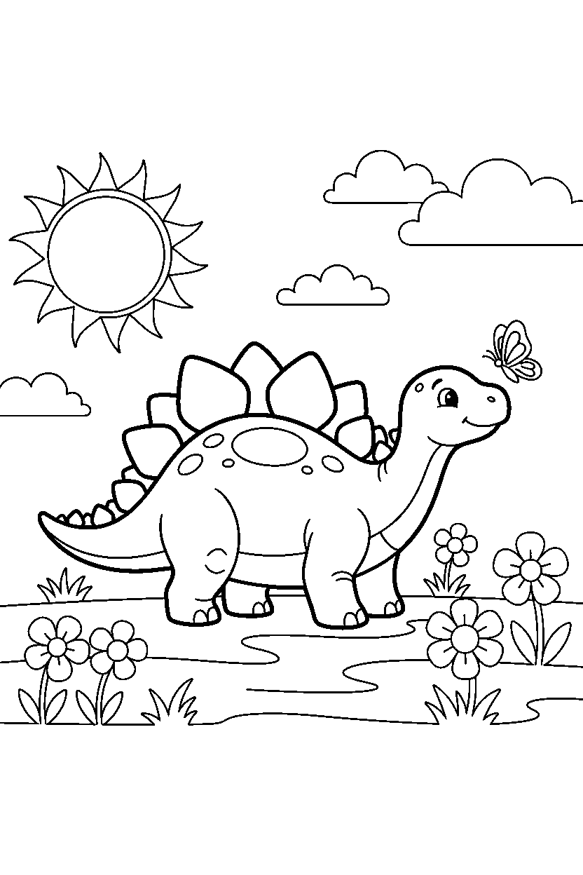 stegosaurus dinosaur looking at a butterfly in a sunny meadow line art