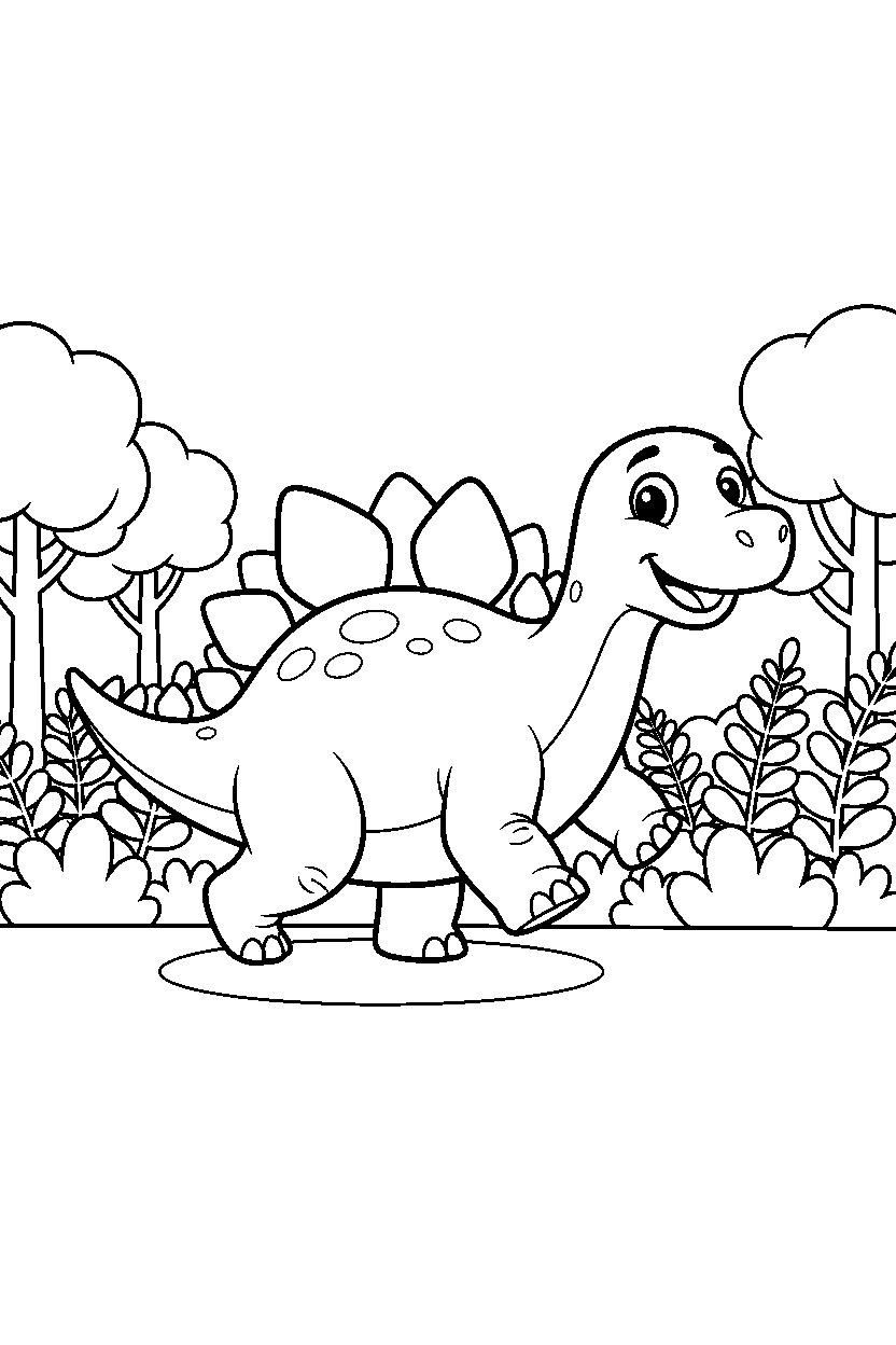 stegosaurus dinosaur marching playfully in a fern forest line art