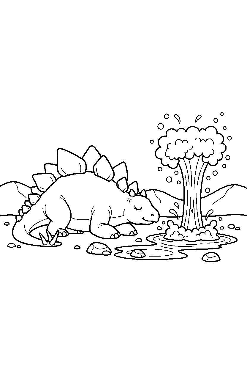 stegosaurus dinosaur resting calmly near a bubbling geyser line art