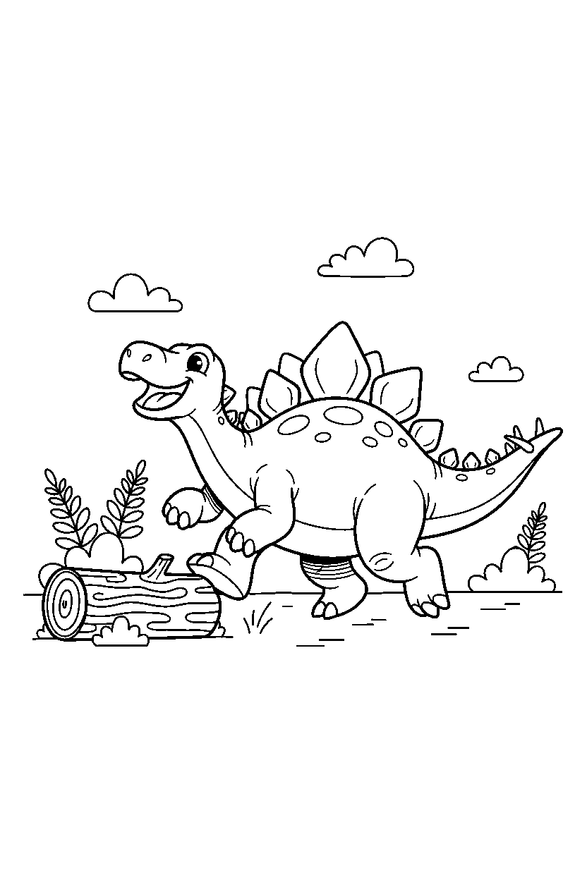 stegosaurus dinosaur running happily near a fallen log line art