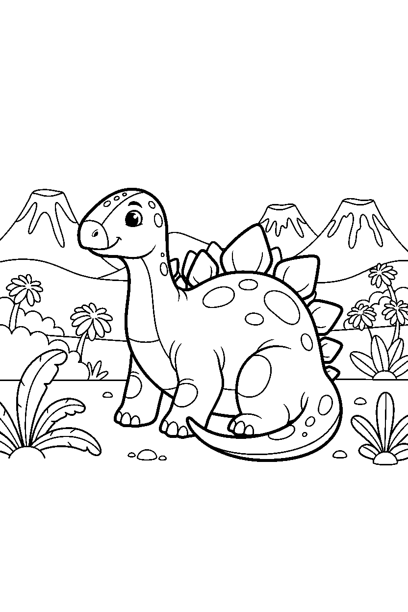 stegosaurus dinosaur sitting calmly in a warm prehistoric valley line art