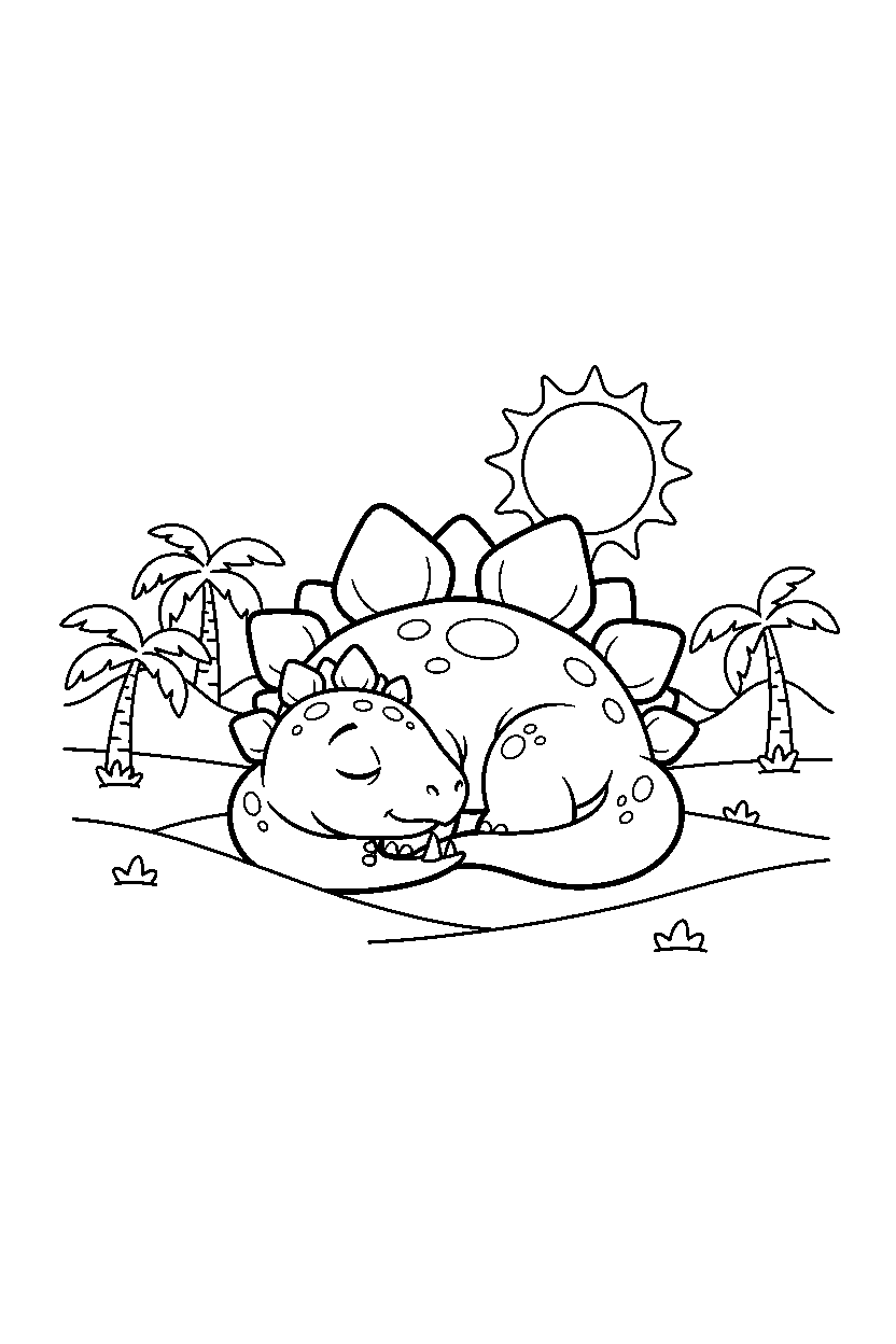 stegosaurus dinosaur sleeping peacefully in a warm prehistoric valley line art