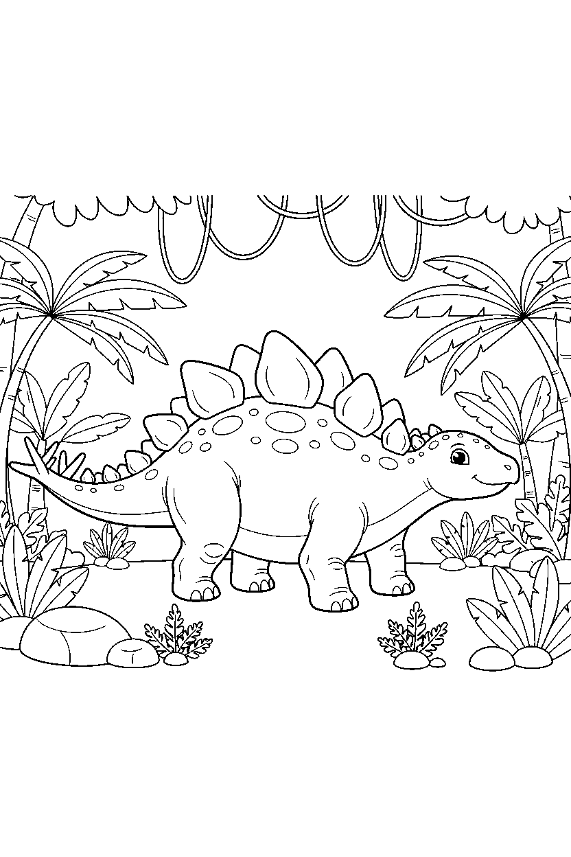 stegosaurus dinosaur standing calmly in a rainforest line art