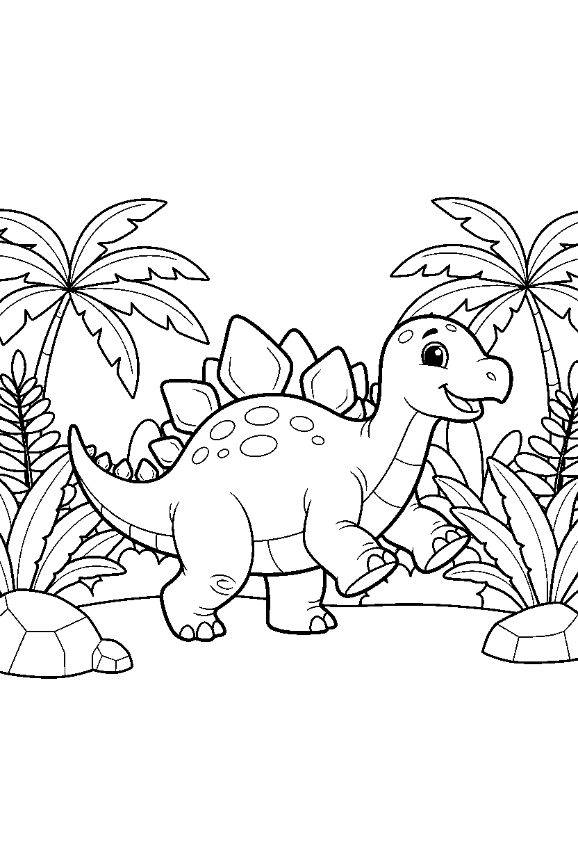 stegosaurus dinosaur stomping playfully in a prehistoric jungle line art