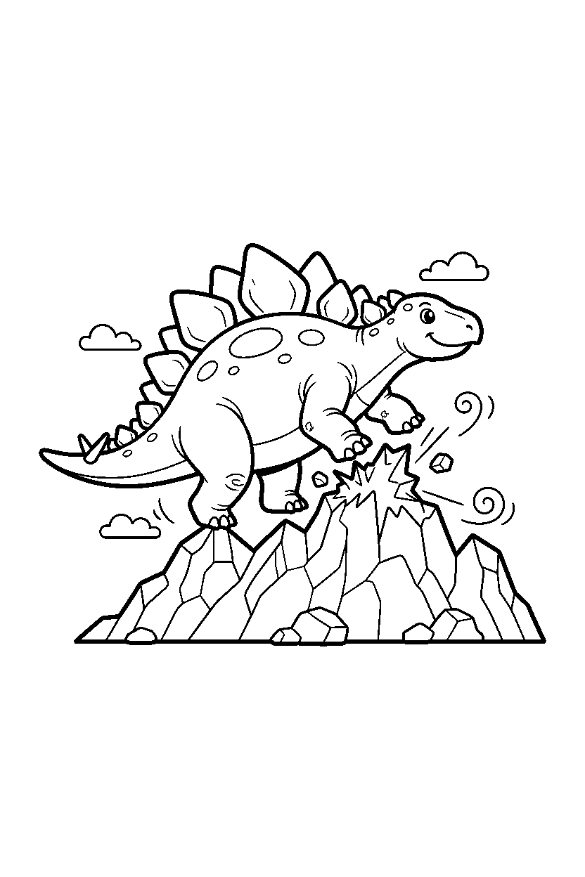 stegosaurus dinosaur stomping playfully on a rocky mountain line art