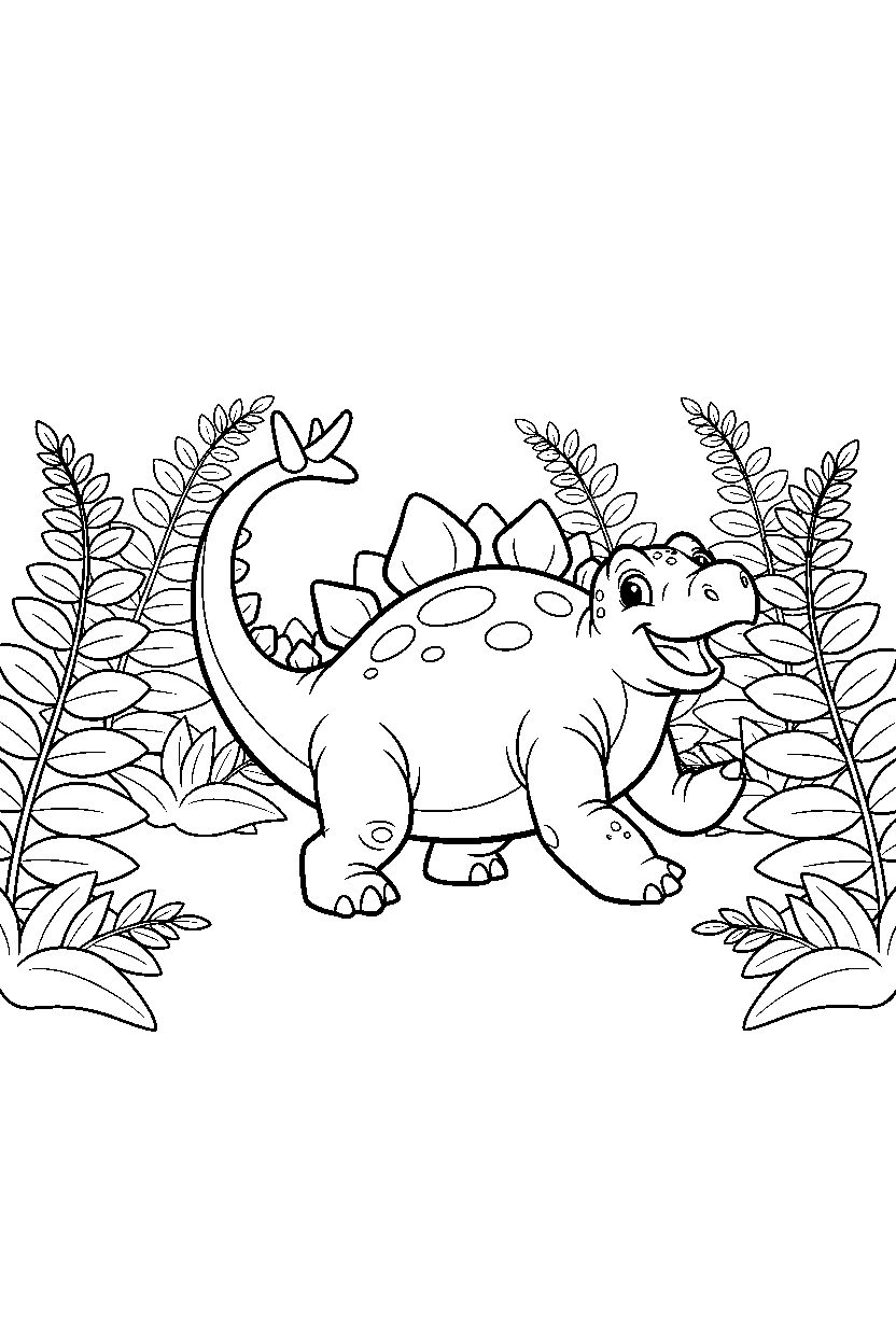 stegosaurus dinosaur stretching playfully in a fern forest line art