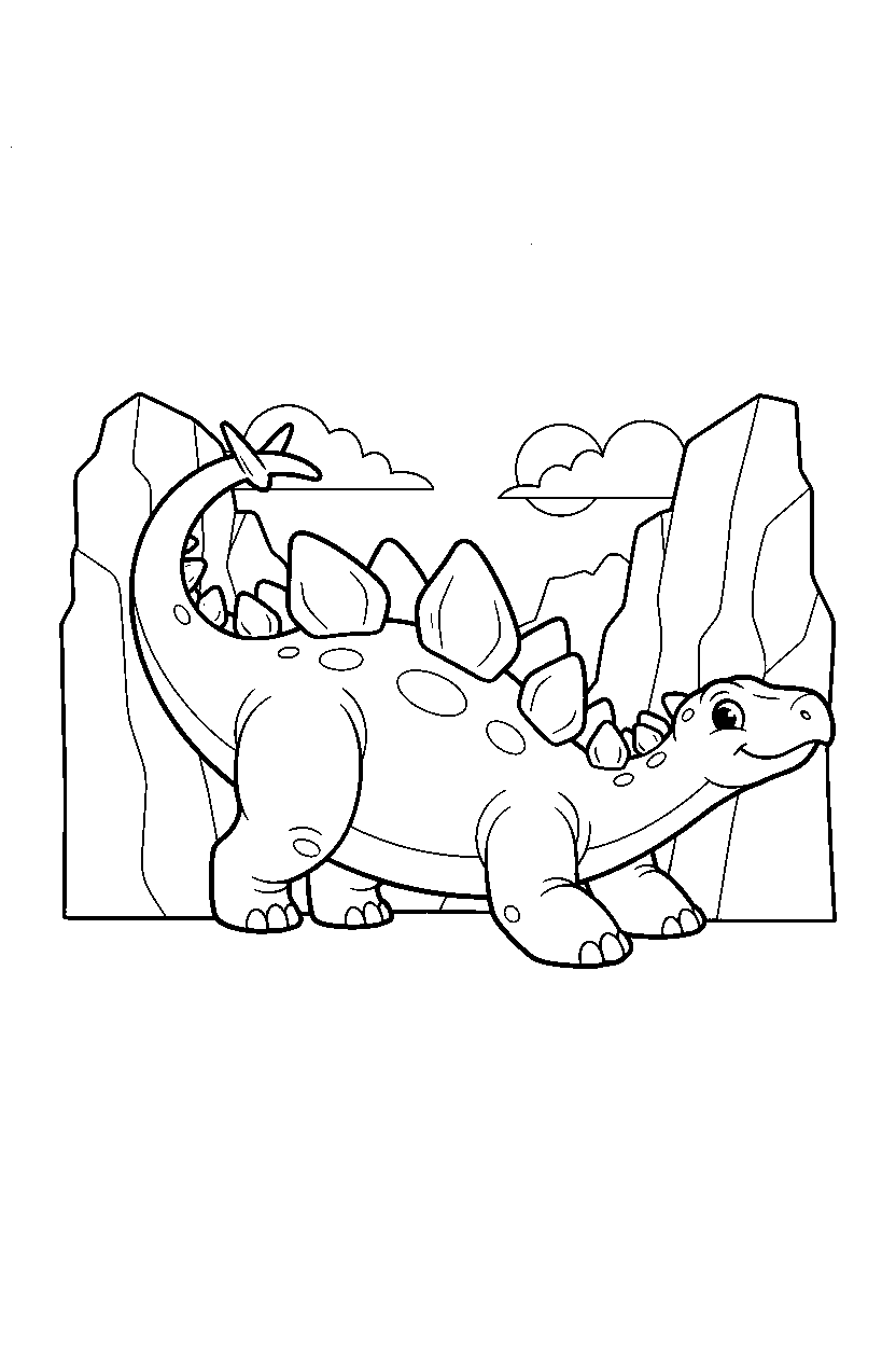 stegosaurus dinosaur stretching playfully near a rocky canyon line art