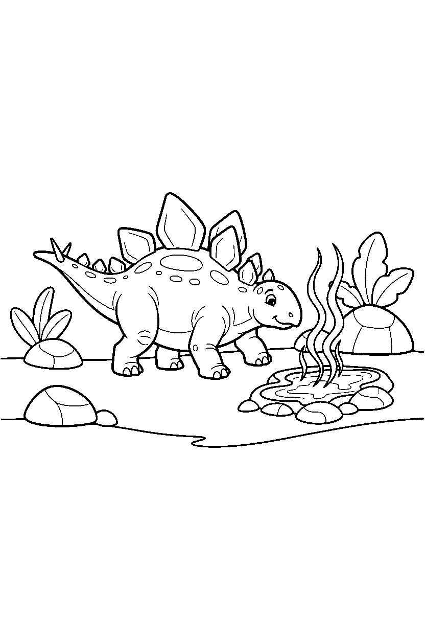 stegosaurus dinosaur wandering curiously near hot springs line art