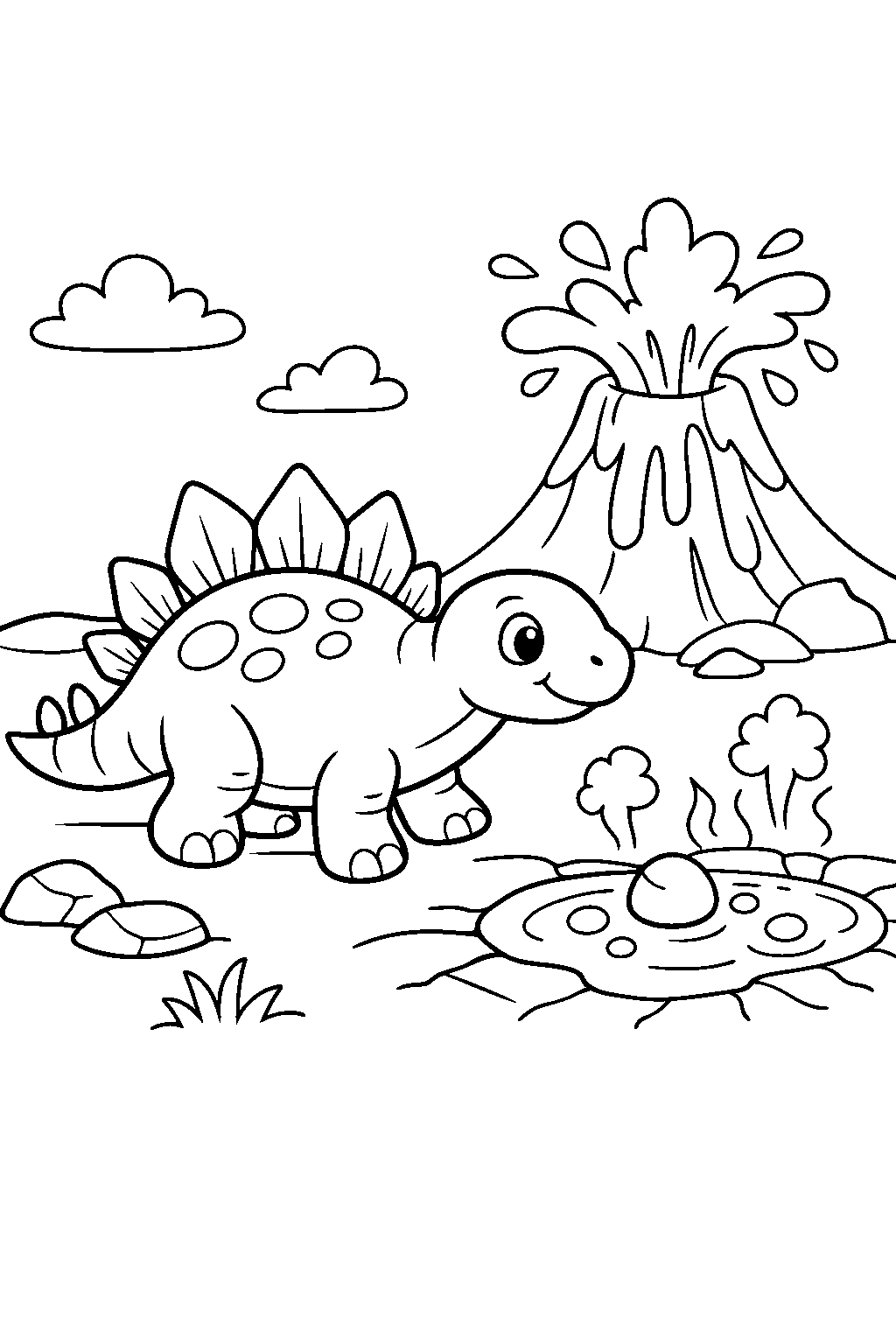 stegosaurus exploring surroundings near bubbling lava line art