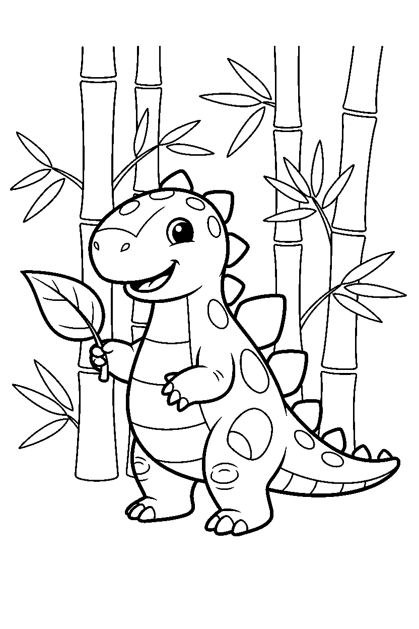 stegosaurus holding a leaf in a bamboo forest line art