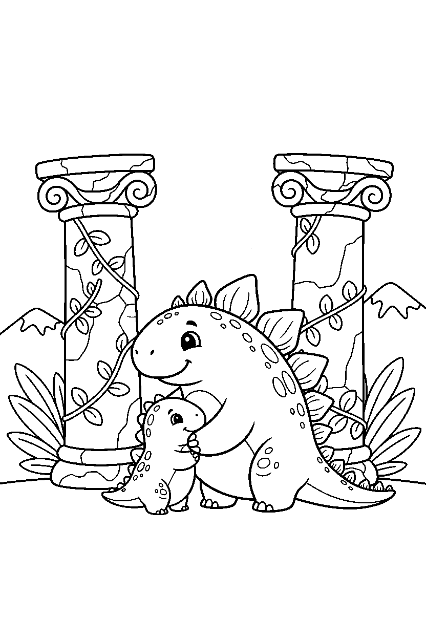 stegosaurus hugging a small dino near ancient stone pillars line art