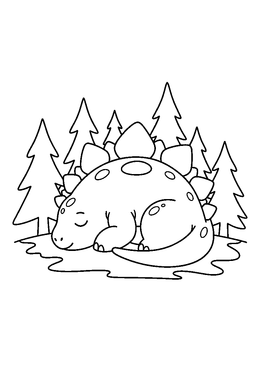 stegosaurus sleeping peacefully in a pine forest line art