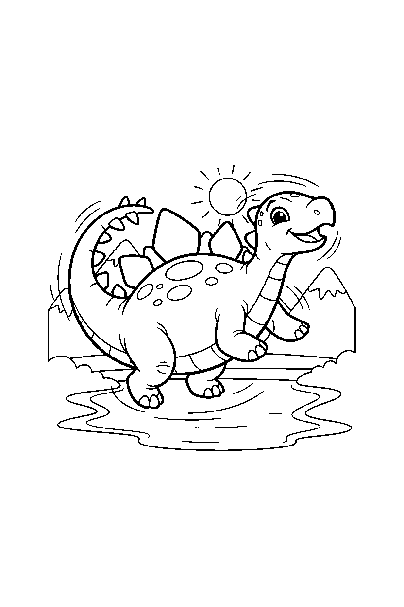 stegosaurus spinning playfully near a mountain lake line art