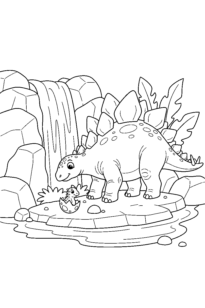 stegosaurus watching a baby dino hatch near a waterfall line art