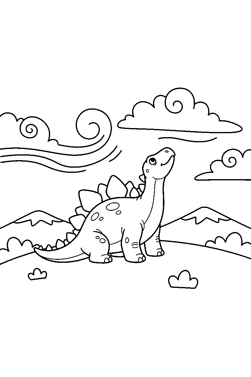 stegosaurus watching the sky on a windy hill line art