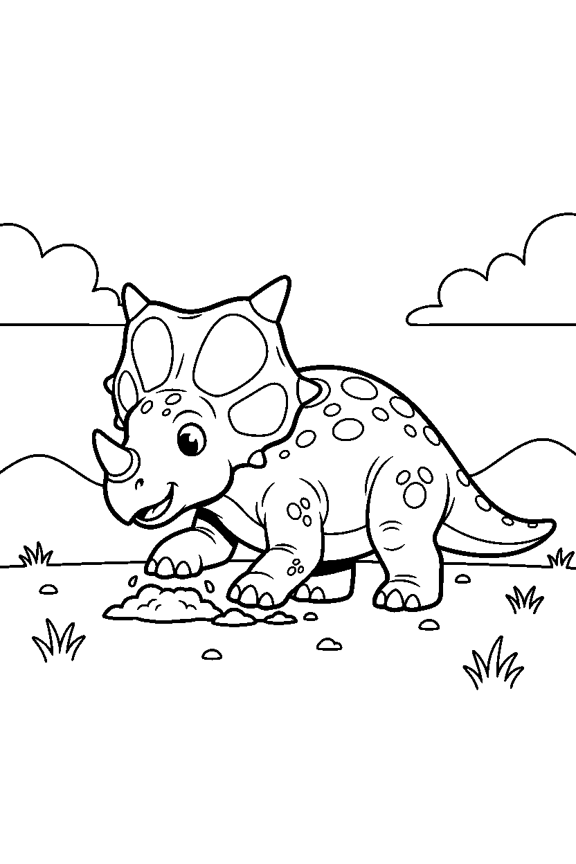 styracosaurus digging the ground on a wide grassland line art