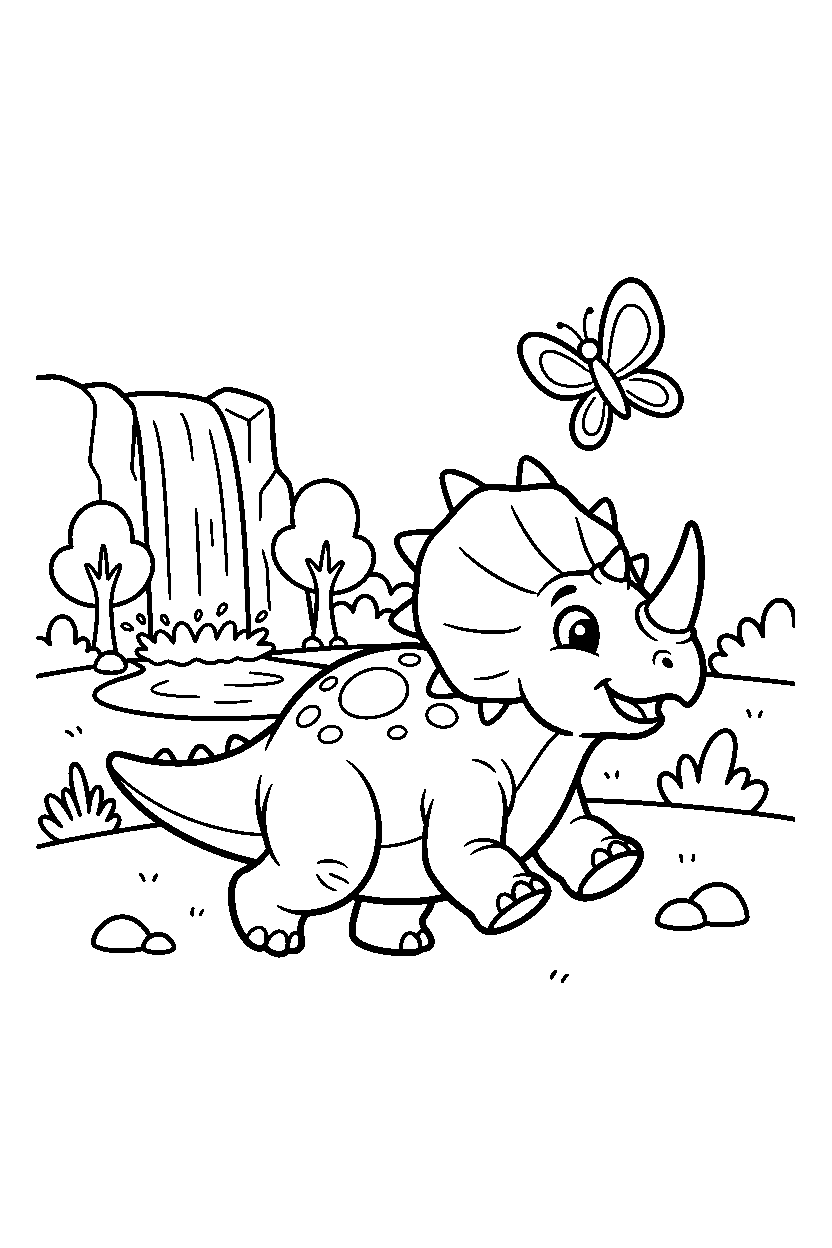 styracosaurus dinosaur chasing a butterfly near a waterfall line art