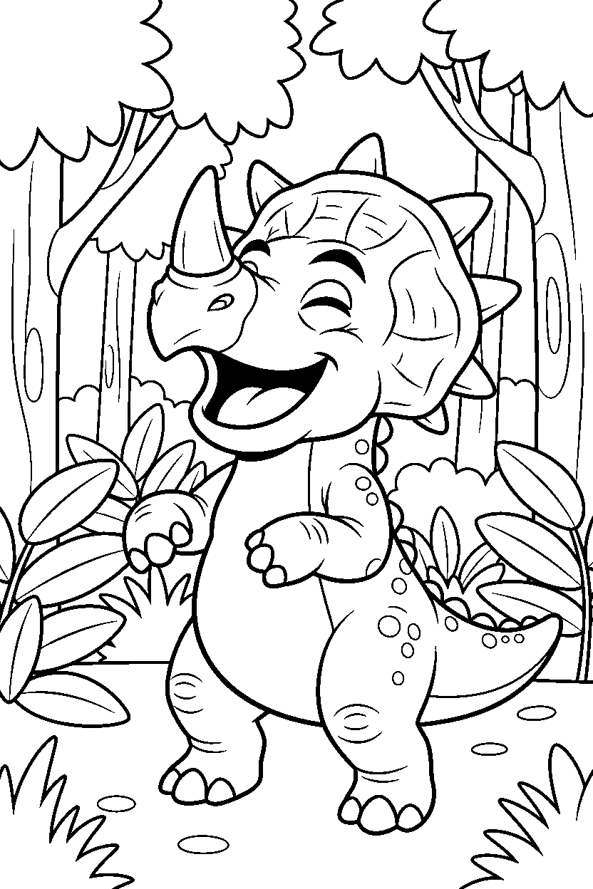 styracosaurus dinosaur laughing playfully in a fern forest line art